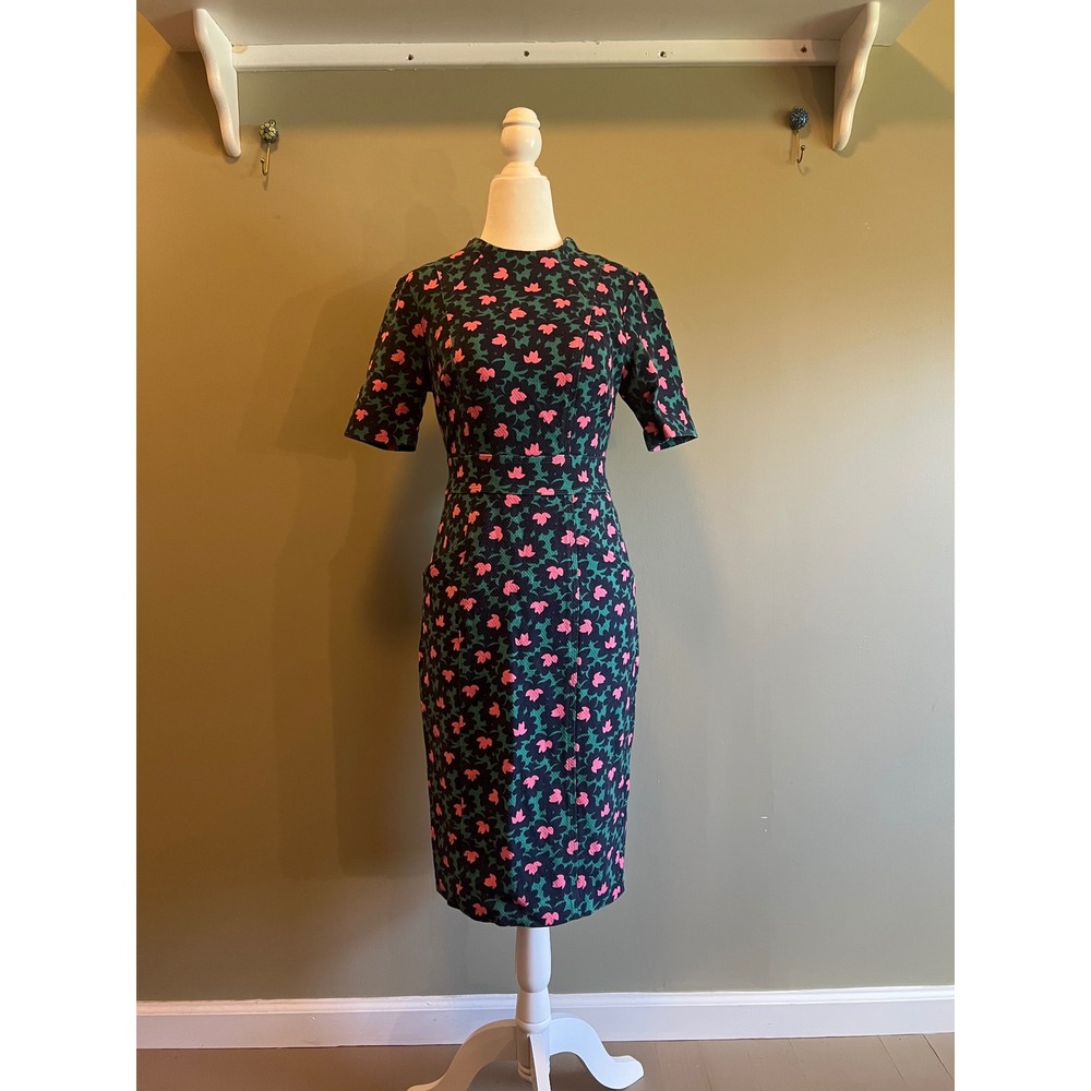 Boden Pink Green Floral Short Sleeve Sheath Dress Navy Blue Size 2R